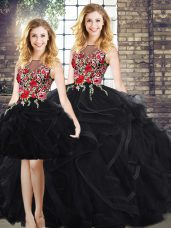 Scoop Sleeveless Zipper Embroidery and Ruffles Quinceanera Gown in Black