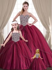Sleeveless Tulle Floor Length Lace Up Sweet 16 Dresses in Red with Beading