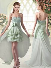 Apple Green A-line Sweetheart Sleeveless Chiffon High Low Zipper Beading and Ruffled Layers Prom Evening Gown