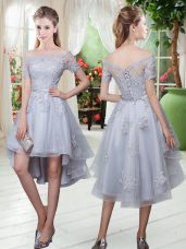 Off The Shoulder Short Sleeves Prom Dresses High Low Appliques Grey Tulle