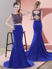 Superior Sleeveless Beading Lace Up Prom Party Dress with Royal Blue Sweep Train