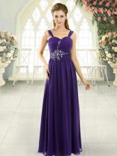 Captivating Purple Chiffon Lace Up Evening Dress Sleeveless Floor Length Beading and Ruching
