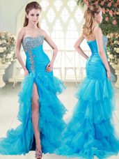Lace Up Prom Gown Aqua Blue for Prom and Party with Beading and Ruffled Layers Brush Train