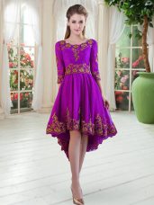 Excellent Embroidery Prom Evening Gown Purple Long Sleeves High Low