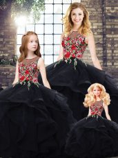 Latest Black Ball Gowns Beading and Embroidery 15 Quinceanera Dress Lace Up Tulle Sleeveless Floor Length