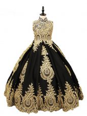 Best Black Ball Gowns High-neck Sleeveless Satin Floor Length Lace Up Beading Pageant Dress