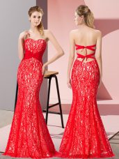 Floor Length Backless Evening Outfits Red for Prom and Party with Beading