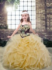 Sweet Champagne Sleeveless Embroidery and Ruffles Floor Length Pageant Dress for Girls