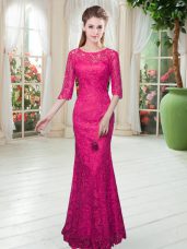 Cheap Hot Pink Mermaid Scoop Half Sleeves Lace Floor Length Zipper Lace Prom Gown