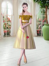Romantic Tea Length Gold Homecoming Dress Off The Shoulder Sleeveless Lace Up