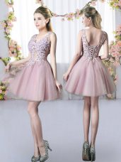A-line Bridesmaid Dresses Pink V-neck Tulle Sleeveless Mini Length Lace Up