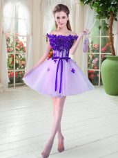 Artistic A-line Prom Party Dress Lavender Off The Shoulder Tulle Sleeveless Mini Length Lace Up