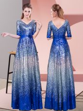 Adorable Empire Prom Dress Royal Blue V-neck Sequined Half Sleeves Floor Length Zipper