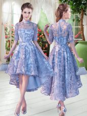 Gorgeous High-neck Half Sleeves Lace Up Appliques Prom Dresses in Blue