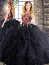 Flare Black Quinceanera Dress Military Ball and Sweet 16 and Quinceanera with Embroidery and Ruffles Bateau Sleeveless Zipper
