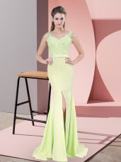 Wonderful Beading and Lace Evening Gowns Yellow Green Zipper Sleeveless Sweep Train