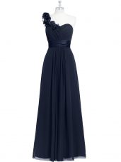 Deluxe Floor Length Black Prom Evening Gown One Shoulder Sleeveless Zipper