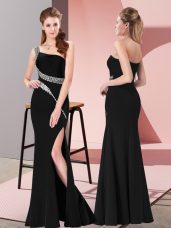 Sleeveless Satin Floor Length Zipper Prom Gown in Black with Beading
