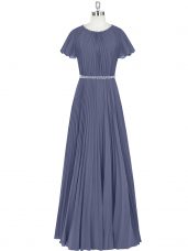 Discount Floor Length Blue Chiffon Short Sleeves Beading and Pleated