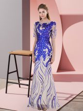 Graceful Royal Blue Mermaid Scoop Half Sleeves Floor Length Zipper Appliques and Sequins Prom Dresses