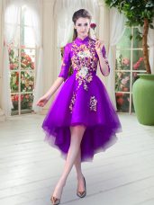 Dazzling Half Sleeves Tulle High Low Zipper Prom Party Dress in Purple with Appliques