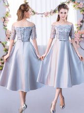 Lace Wedding Guest Dresses Silver Lace Up Half Sleeves Tea Length