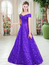 Inexpensive Sleeveless Lace Floor Length Lace Up Prom Dresses in Purple with Beading