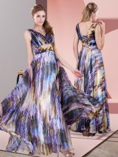 Multi-color Lace Up V-neck Pattern Prom Dress Printed Sleeveless