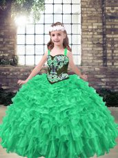 Green Ball Gowns Organza Straps Sleeveless Embroidery and Ruffles Floor Length Lace Up Glitz Pageant Dress
