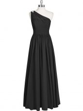 Black Chiffon Zipper One Shoulder Sleeveless Floor Length Prom Dresses Ruching