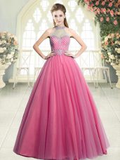 Pink A-line Halter Top Sleeveless Tulle Floor Length Zipper Beading Prom Dress