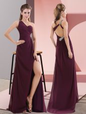 Classical Dark Purple One Shoulder Neckline Beading and Lace Juniors Party Dress Sleeveless Backless