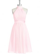Modern Baby Pink Zipper Halter Top Ruching and Belt Prom Gown Chiffon Sleeveless