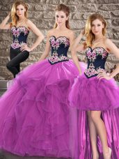 High Quality Purple Three Pieces Tulle Sweetheart Sleeveless Beading and Embroidery Floor Length Lace Up 15 Quinceanera Dress