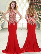 Fashion Red Mermaid Elastic Woven Satin Halter Top Sleeveless Beading and Lace Zipper Prom Evening Gown Sweep Train