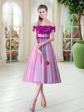 Smart Sleeveless Tea Length Appliques Lace Up Prom Evening Gown with Rose Pink