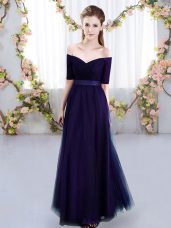 Off The Shoulder Short Sleeves Bridesmaids Dress Floor Length Ruching Purple Tulle