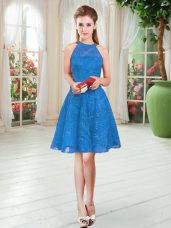 Free and Easy Blue Sleeveless Knee Length Lace Zipper Dress for Prom