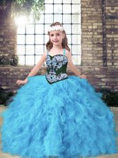 Baby Blue Straps Lace Up Embroidery and Ruffles Winning Pageant Gowns Sleeveless