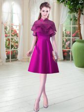 High-neck Cap Sleeves Lace Up Prom Dress Purple Satin
