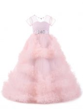 Adorable Floor Length Ball Gowns Short Sleeves Baby Pink Pageant Dress for Teens Backless