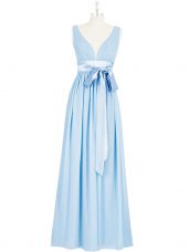 Unique Baby Blue Empire Ruching and Bowknot Backless Chiffon Sleeveless Floor Length