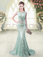 Inexpensive Apple Green Mermaid Beading Dress for Prom Zipper Sequined Sleeveless