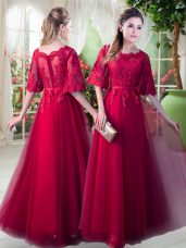 Graceful Floor Length A-line Half Sleeves Red Prom Party Dress Zipper