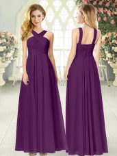 Fine Purple Empire Chiffon Straps Sleeveless Ruching Floor Length Zipper Homecoming Dress
