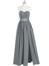 High Class Sleeveless Chiffon Floor Length Zipper Prom Dresses in Grey with Belt