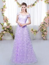 Modest Lavender Lace Up Off The Shoulder Appliques Court Dresses for Sweet 16 Tulle Cap Sleeves