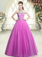 Cheap Pink A-line Beading Prom Party Dress Zipper Tulle Sleeveless Floor Length