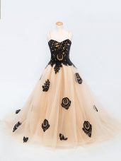 Adorable Tulle Spaghetti Straps Sleeveless Brush Train Lace Up Appliques Pageant Dress in Peach