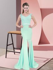 On Sale V-neck Sleeveless Prom Gown Sweep Train Beading and Lace and Appliques Apple Green Chiffon